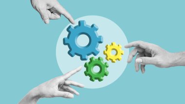 Renkli vitesleri iten elleri olan bir kolaj. İlerleme ve başarı için takım çalışması, ortaklık ve işbirliği. Bir iş ekibi kuruyorum.