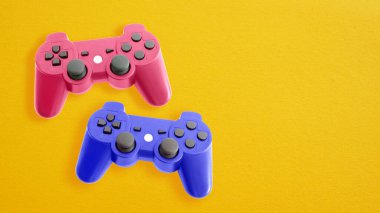 Video oyunu aksesuarları olarak kırmızı ve mavi oyun pedleri. Sarı Arkaplanda İki Canlı Joystick- Çoklu Oyunculu Oyun Teması. Metin için boş boşluk