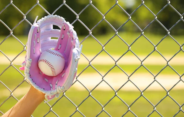 Hand of Baseball Player with Pink Glove and Ball — Stock Photo, Image