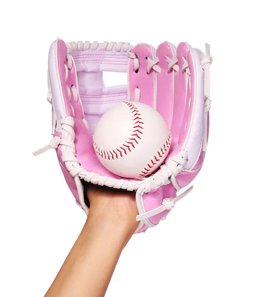 Mano del jugador de béisbol con guante rosa y bola aislada en whi — Foto de Stock