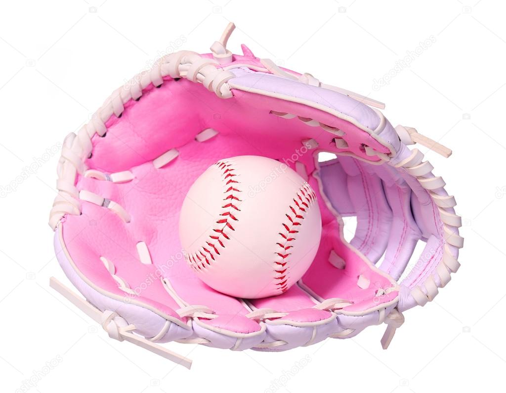 Baseball in Pink Female Glove isolated on white. 