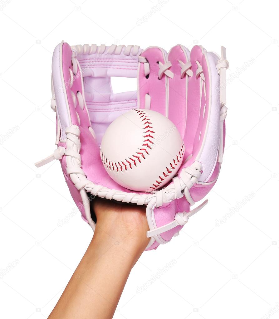 Hand of Baseball Player with Pink Glove and Ball isolated on whi