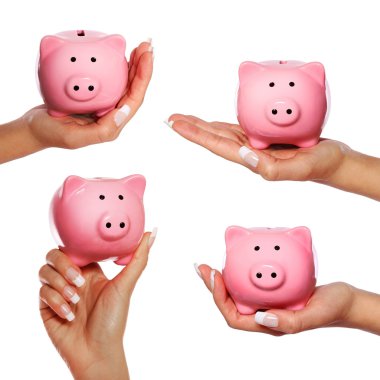 Set of Piggy Bank in Hand isolated clipart