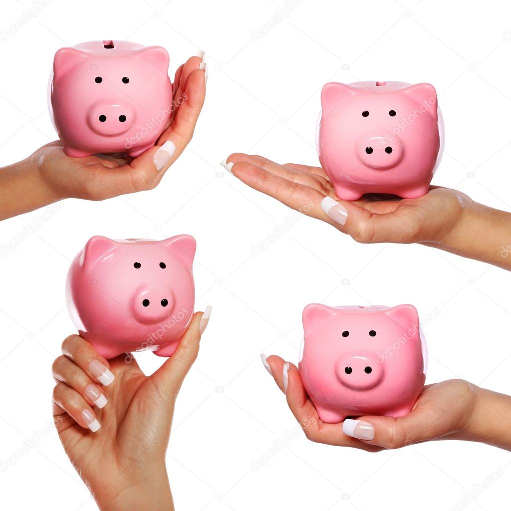 Set of Piggy Bank in Hand isolated