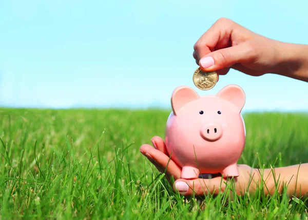 Piggy Bank e moeda em mãos femininas sobre grama verde e azul Sk — Fotografia de Stock