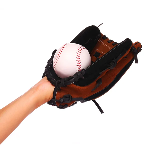 El, üzerinde beyaz izole eldiven ile beyzbol oyuncusu — Stok fotoğraf