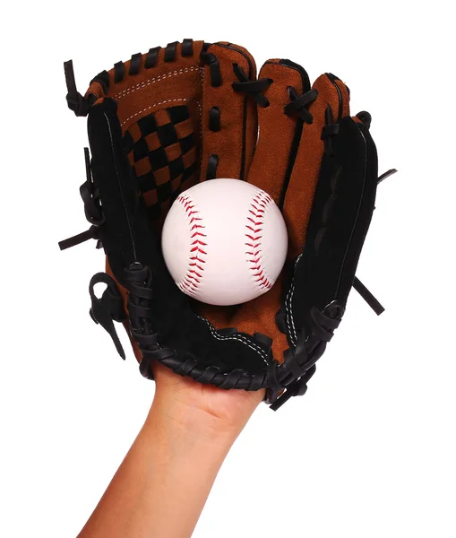 Mano del jugador de béisbol con guante aislado en blanco —  Fotos de Stock