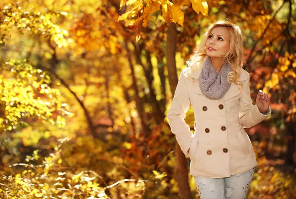 Herbstweib. Sturz. blonde schöne Mädchen mit gelben Blättern — Stockfoto