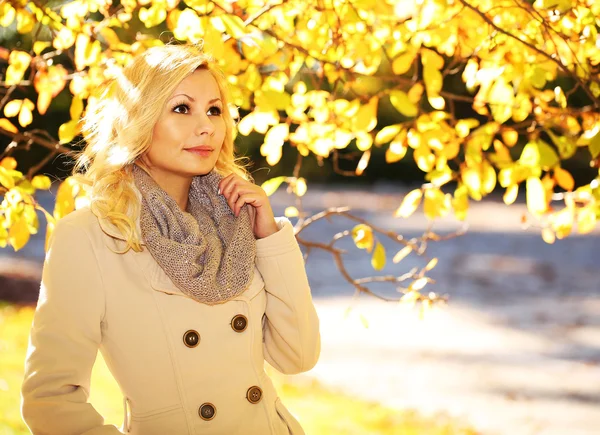 Na podzim žena. Na podzim. Krásná blondýnka s žlutými listy — Stock fotografie