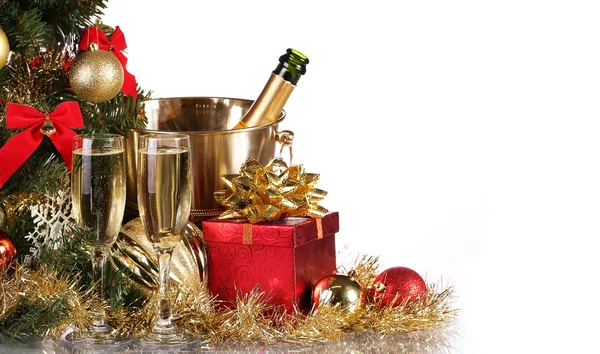 Christmas or New Year's Eve. Champagne and Presents. Celebration — Stock Photo, Image