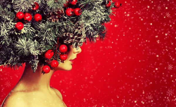 Christmas Woman. Fashion Girl with New Year Decorated Hairstyle. — Stock Photo, Image