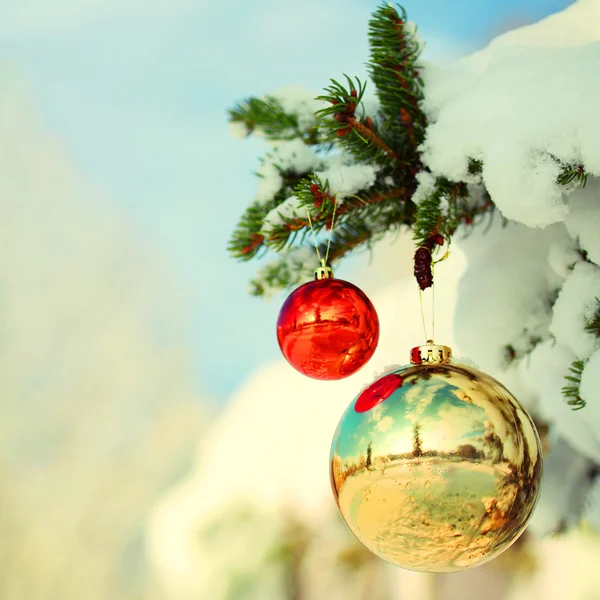 Christmas bollar på granen gren är täckt av snö — Stockfoto