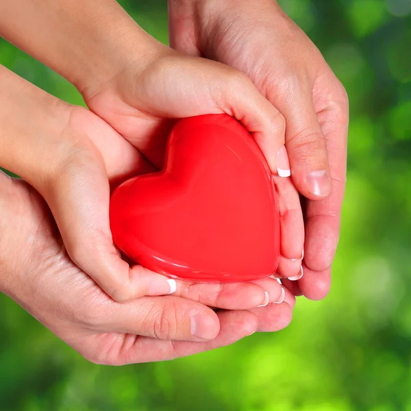 Amor. Corazón de San Valentín en manos femeninas y masculinas, sobre Nature Gree —  Fotos de Stock