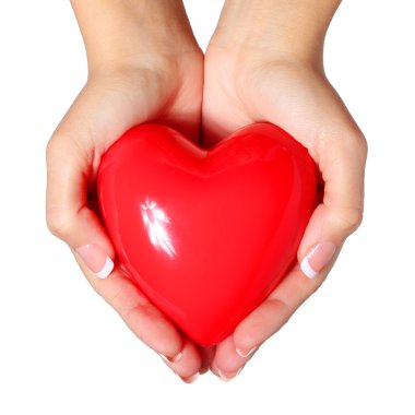 Kırmızı kalp beyaz arka plan üzerinde izole kadın elinde. Aşk Co