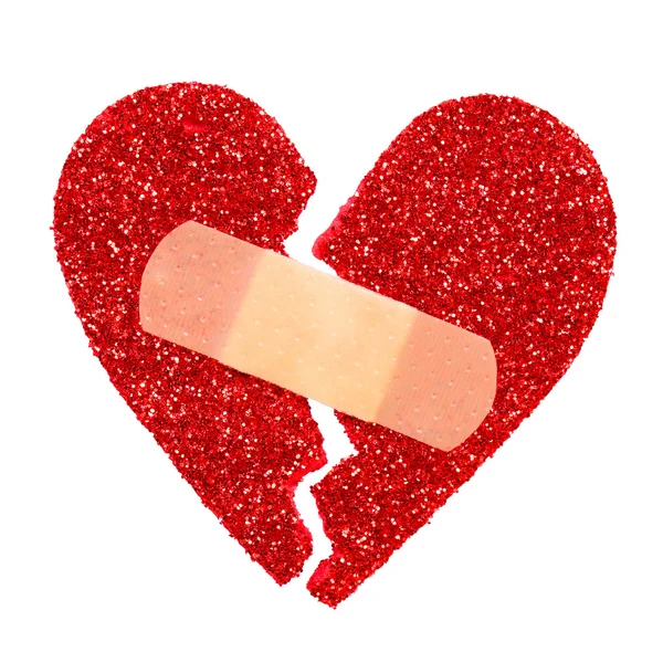 Broken Heart. Glitter ripped heart fixed with adhesive bandage i — Stock Photo, Image