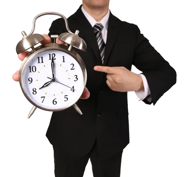 Businessman with Alarm Clock isolated on white. Time concept — Stock Photo, Image