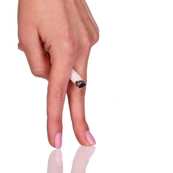 Cigarrillo en mano que simboliza la impotencia, aislado en blanco. Conc. — Foto de Stock