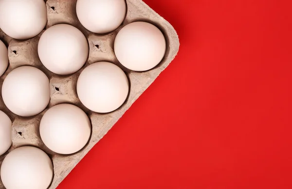 Œufs blancs dans la boîte sur fond rouge — Photo