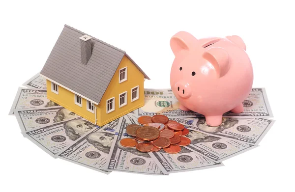 Tiny house, piggy bank and money isolated. Mortgage Concept — Stock Photo, Image