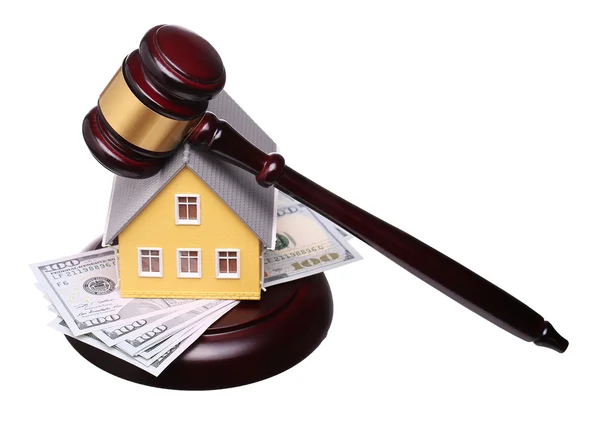 Concept of house sale with gavel and money isolated — Stock Photo, Image