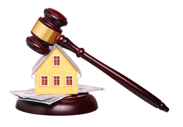 Concept of house sale with gavel and money isolated — Stock Photo, Image