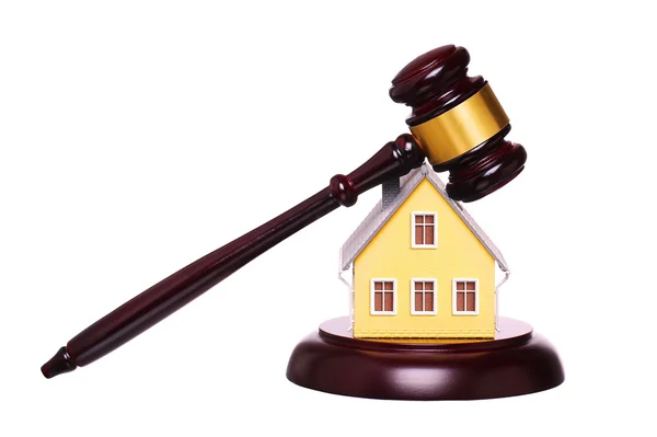 Concept of house sale with gavel isolated on white. Foreclosure — Stock Photo, Image