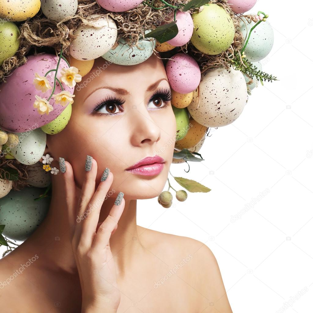 Easter Woman. Spring Girl with Fashion Hairstyle. Portrait