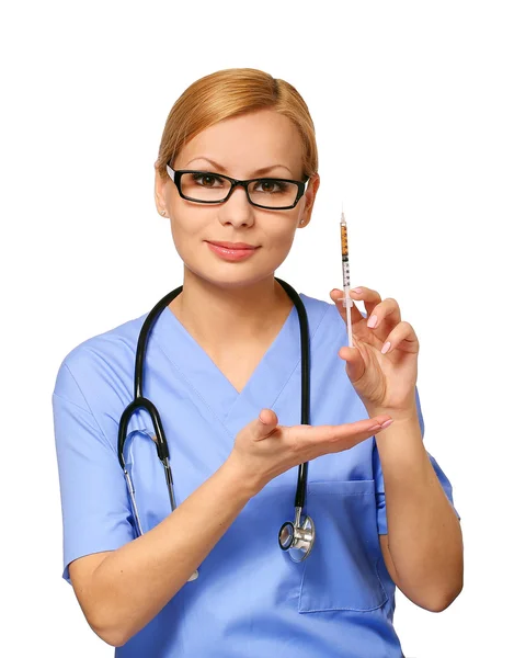 Smiling young nurse with syringe and stethoscope isolated on whi — Stock Photo, Image