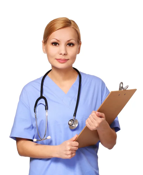 Smiling young nurse with stethoscope and clipboard isolated on w — Stock Photo, Image