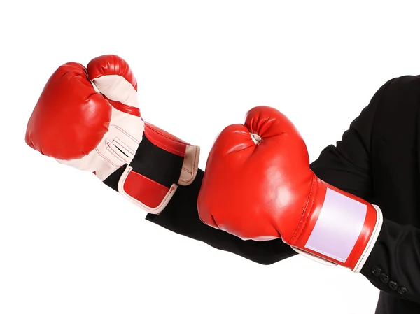 Бізнесмен з боксерськими рукавичками ізольовані на білому — стокове фото