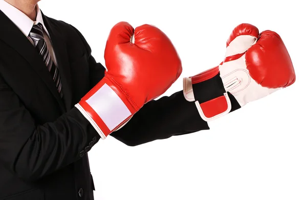 Empresario con guantes de boxeo aislados en blanco — Foto de Stock