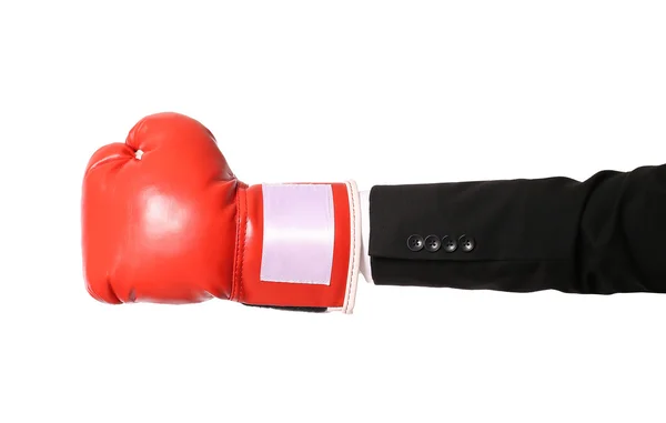 Бизнесмен рука с боксерской перчаткой изолированы на белом — стоковое фото