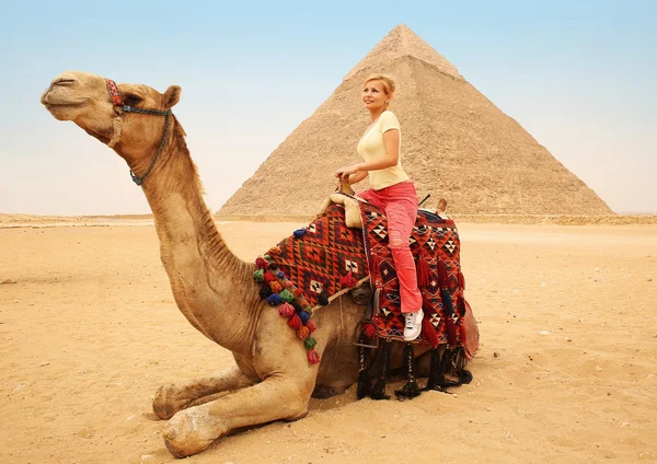 Touristin auf Kamel in Giza. junge Blondine in der Nähe der Pyramide — Stockfoto