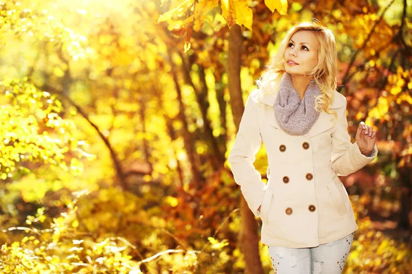 Herbstweib. Sturz. blonde schöne Mädchen mit gelben Blättern — Stockfoto