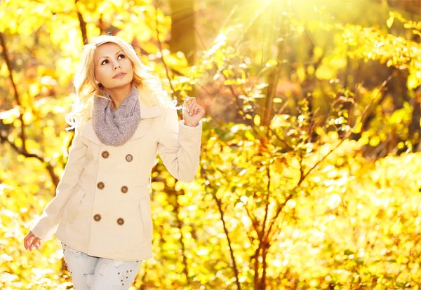 Mujer de otoño. Caída. Rubia hermosa chica con hojas amarillas — Foto de Stock