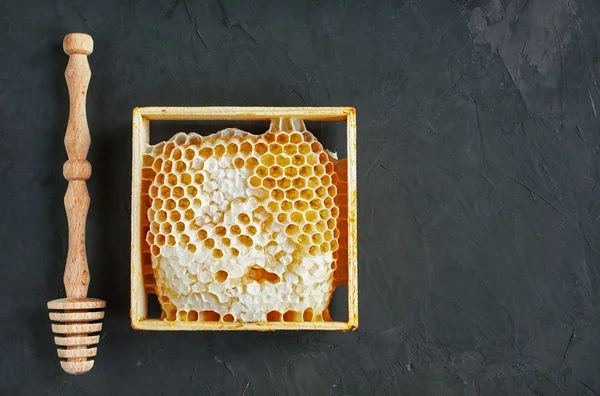Honeycomb and wooden dipper — Stock Photo, Image