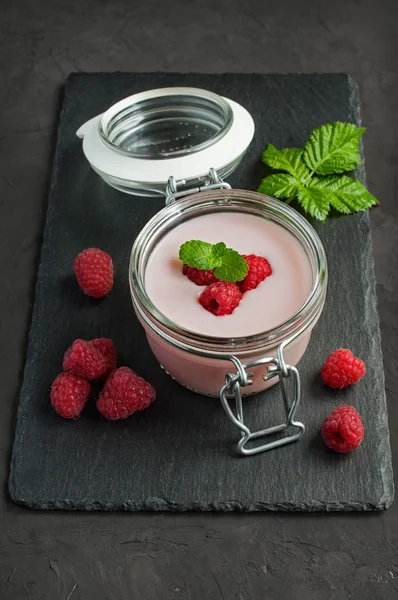 Joghurt mit frischen Himbeeren — Stockfoto