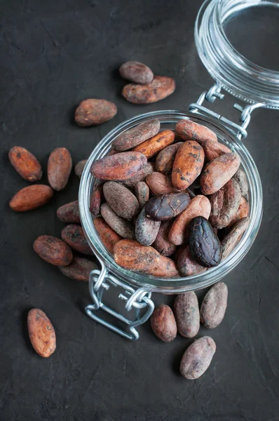 Cacao bonen in een glazen pot — Stockfoto