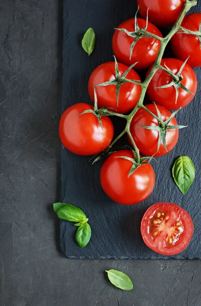 Tomates cherry frescos y albahaca —  Fotos de Stock