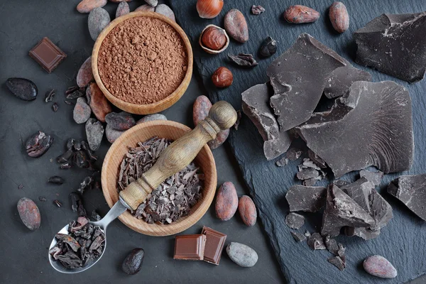 チョコレートの部分、カカオ パウダー、カカオ豆 — ストック写真