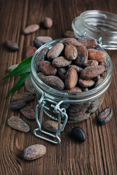 Cacao bonen in een glazen pot — Stockfoto