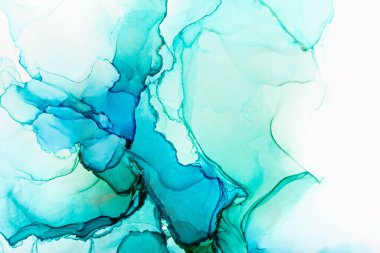 Mavi ve yeşil alkol mürekkebi, soyut doku, moda duvar kağıdı. Tasarım projesi için arka plan olarak davetiye veya tebrik kartları, el ilanı, poster, sunum, ambalaj kağıdı