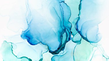 Mavi ve yeşil alkol mürekkebi, soyut doku, moda duvar kağıdı. Tasarım projesi için arkaplan olarak davetiye veya tebrik kartları, el ilanı, poster, sunum, afiş