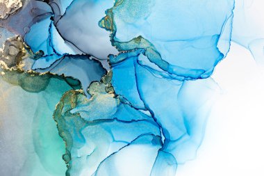 Yakın plan mavi, gri ve parlak altın rengi alkol mürekkebi soyut doku, moda duvar kağıdı. Tasarım projesi için arka plan olarak davetiye veya tebrik kartları, el ilanı, poster, sunum, ambalaj kağıdı