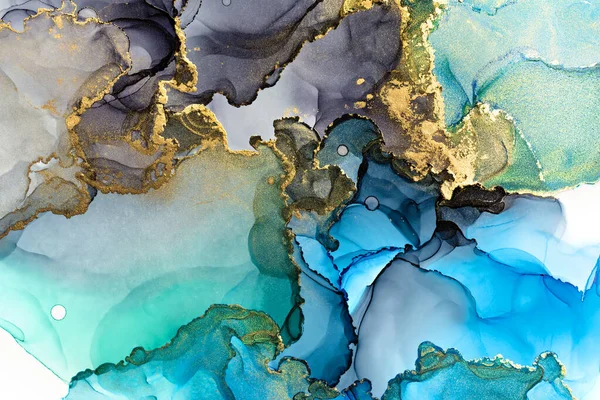 Closeup Blue Grey Shiny Golden Alcohol Ink Abstract Texture Trendy — Stock Photo, Image