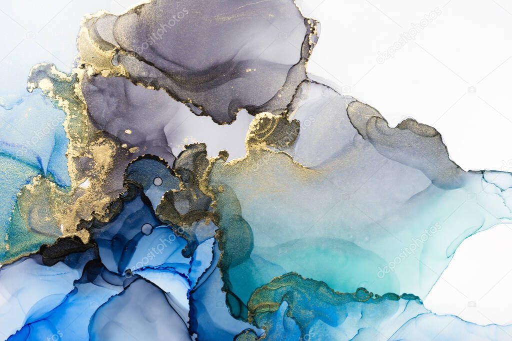 Closeup of blue, grey and shiny golden alcohol ink abstract texture, trendy wallpaper. Art for design project as background for invitation or greeting cards, flyer, poster, presentation, wrapping paper