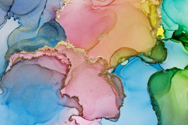 Parlak çok renkli ve parlak altın rengi mürekkep soyut desen, modaya uygun duvar kağıdı. Tasarım projesi için arka plan olarak davetiye veya tebrik kartları, el ilanı, poster, sunum, ambalaj kağıdı