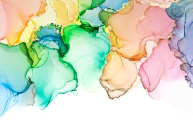 Çok renkli ve parlak altın rengi mürekkep, soyut doku, moda duvar kâğıdı. Tasarım projesi için arka plan olarak davetiye veya tebrik kartları, el ilanı, poster, sunum, ambalaj kağıdı