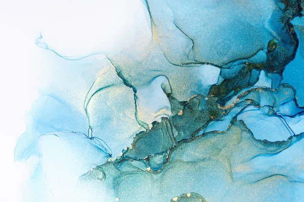 Closeup Blue Shiny Golden Alcohol Ink Abstract Texture Trendy Wallpaper — Stock Photo, Image