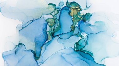 Mavi ve parlak, altın rengi, soyut mürekkep dokusuna yakın, modaya uygun duvar kağıdı. Tasarım projesi için arka plan olarak davetiye veya tebrik kartları, el ilanı, poster, sunum, ambalaj kağıdı